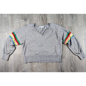 Cupcakes & Cashmere Sweater S Gray V-Neck Balloon Sleeve Rainbow Stripe Cropped